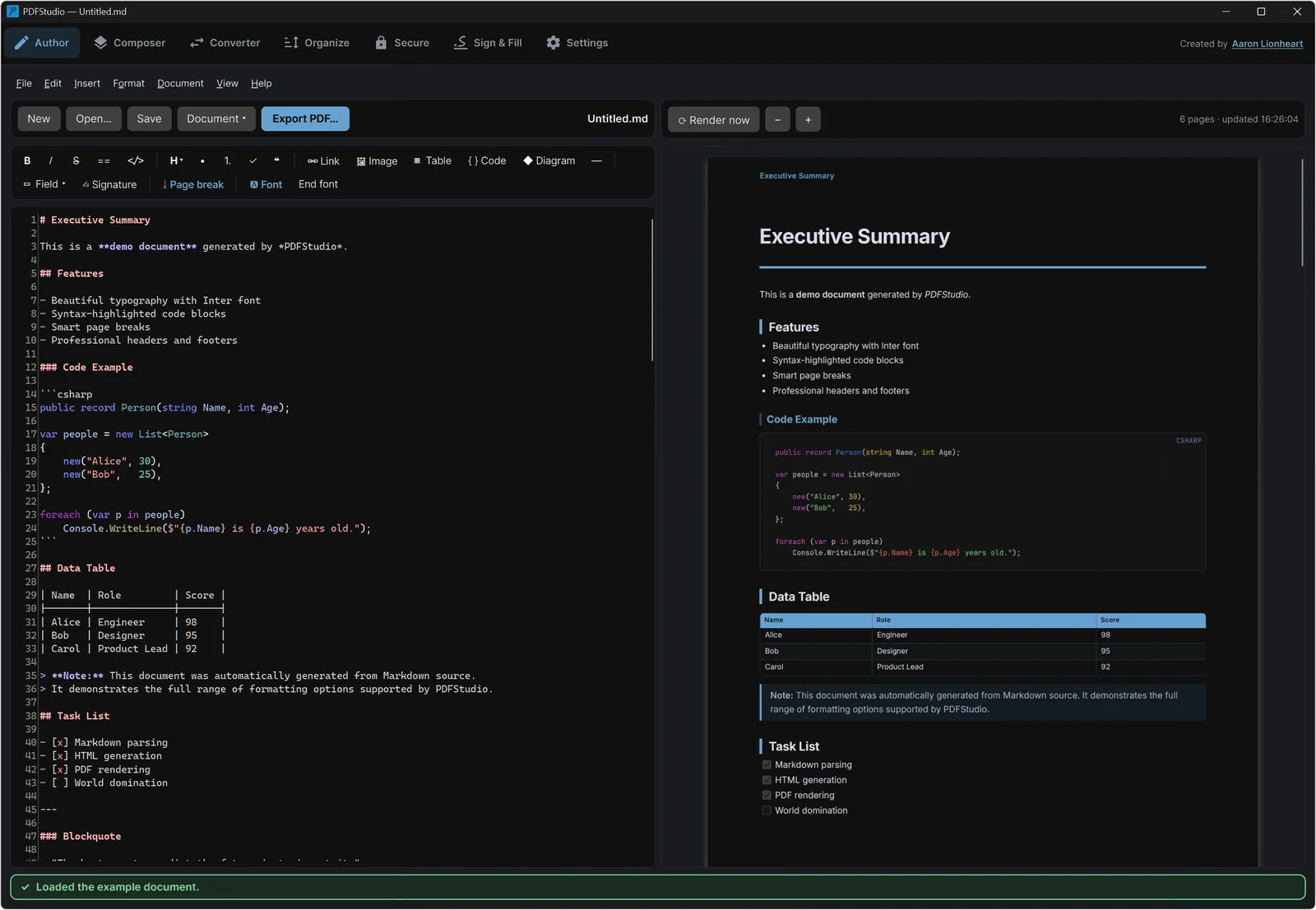 PDFStudio author mode: Markdown source beside its live PDF preview