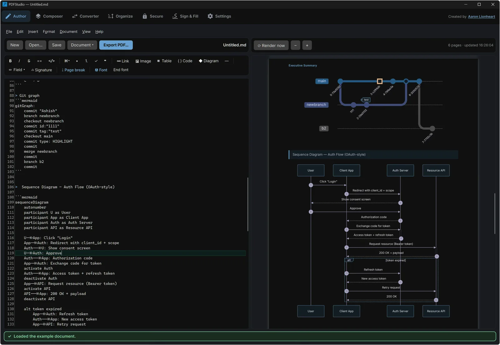 PDFStudio author mode in the dark theme rendering Mermaid diagrams