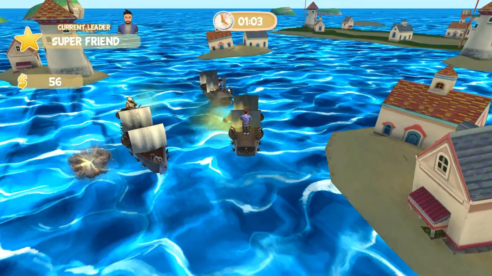 Super Friends Party: players racing sailing ships through a harbour minigame