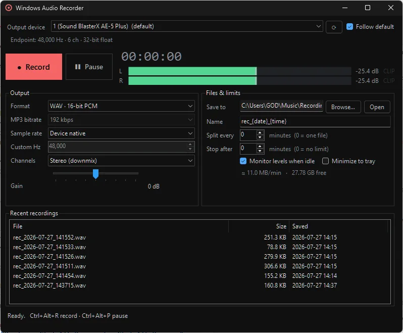 Windows Audio Recorder with live left and right peak meters