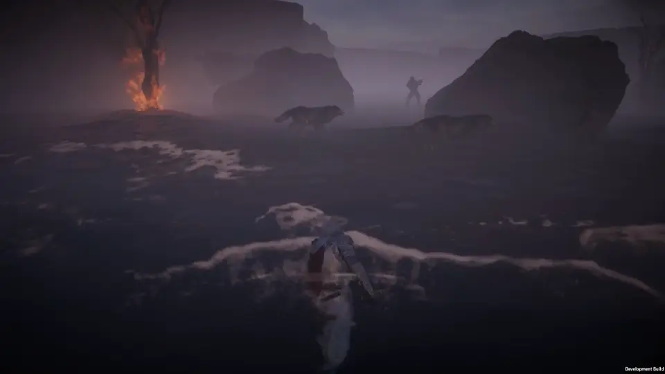 Heroes Raid in Unity HDRP: a warrior on a misty battlefield at dusk, wolves and a burning tree behind